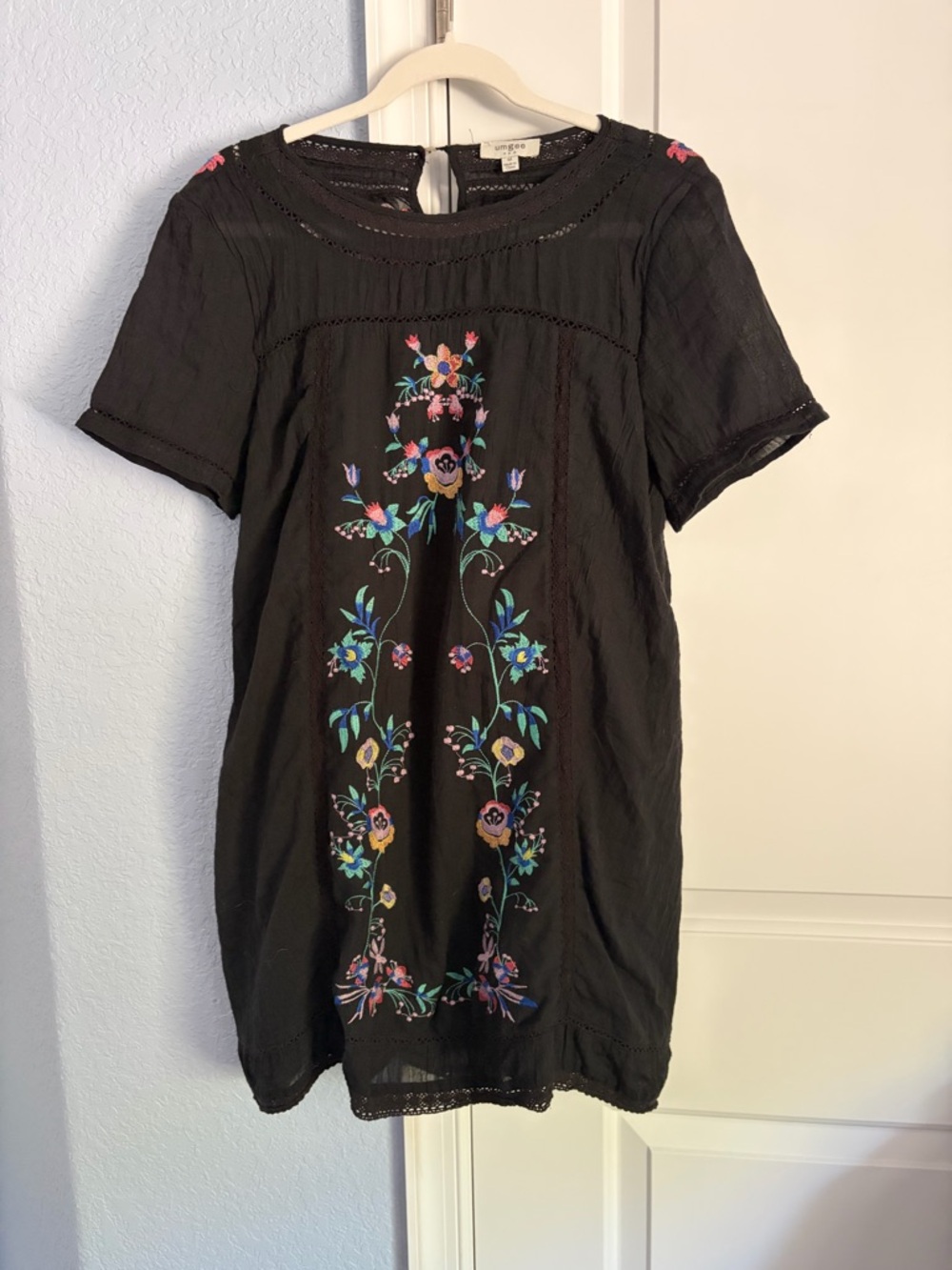 Umgee Black Mini Dress with Multicolor Floral Embroidery